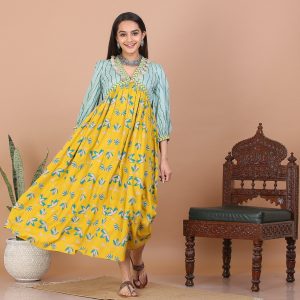 Yellow V Neck Gathered Dress (Full stitched dress) Bangladesh (New)