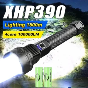 XHP390 High Power Led Flashlights 100000LM Rechargeable Strong Light Military Tactical Lantern Self Defense Emergency Led Torch Bangladesh (New)