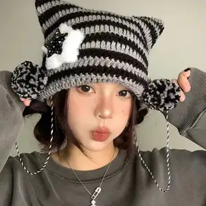 Y2K Beanie Hat Women Ins Devil Ear Striped Knitted Wool Cap Autumn Winter Hip-hop Crochet Cute Cat Ears Pointed Pullover Hats Bangladesh (New)