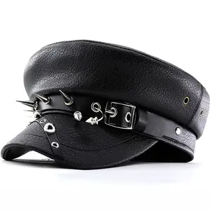 Women's punk Y2k Trendy Beret Black Pu Cool Punk Skull Spike Cap Leather Flat Top Captain Military Caps Women's Accessories Bangladesh (New)