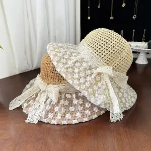Women's Lace Bow Straw Hat Beach Holiday Straw Hat Sweet Elegant Bucket Hat Wide Brim Sun Hat Korean Fashion Casual Travel Hat Bangladesh (New)