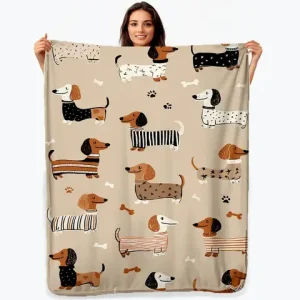 1 Dachshund Print Flannel Blanket - Brown, Black, and White Comfortable Dog Pattern for Home or Travel, Suitable for All Seasons Bangladesh (New)