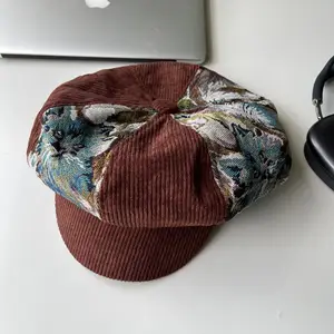 Women's Caps retro puppy patchwork beret fashionable jacquard corduroy artist octagonal hat Cap H303 Bangladesh (New)