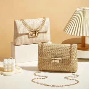Woven Straw Handwoven Women's Shoulder Bag, Fashion Solid Color Crossbody Purse with Lock Closure Bangladesh (New)