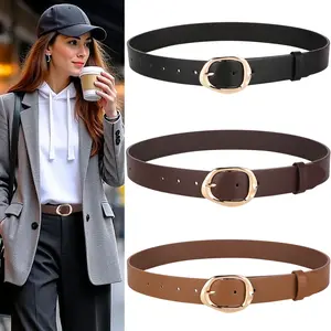Women's Fashion Wide PU Leather Belt 3.3cm with Metal Geometric Pin Buckle Retro Style Waist Belt for Jeans Pants and Skirts Bangladesh (New)