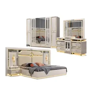 Wooden Frame White Double Leather King Size Bed Home Suite Master Room Modern Luxury Wood Mdf Full Bedroom Furniture Set Bangladesh (New)