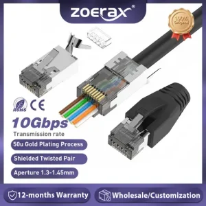 ZoeRax CAT6A CAT7 Connector, RJ45 Connectors Pass Through CAT6A CAT7 Shielded, 3-Prong with Strain Relief Boots Black Bangladesh (New)