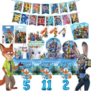 Zootopia 2 Birthday Party Decoration Judy Nick Party Supplies Cake Topper Tableware Plates Cup Gift Bag Ballon Keychain For Kid Bangladesh (New)