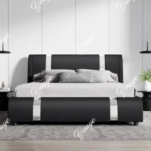 XX Modern Faux Leather Queen Bed Frame With Adjustable Headboard And Iron Accents, Deluxe Upholstered Platform Bed , Black Bangladesh (New)