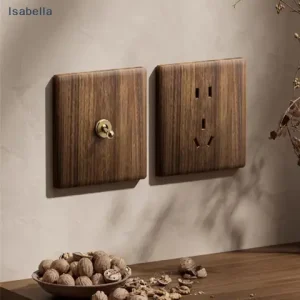 ♥Walnut Wood Grain Brass Toggle Switch -Retro 86-Type Wall Socket Panel with 5-Hole Outlet for Home Use Bangladesh (New)
