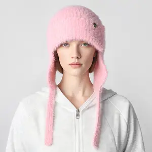 Women Winter Angora Earflaps Hat Warm Fluffy Angora Rabbit Fur Knit Hat Female Thick Fleece Lined Russian Trapper Hat Bangladesh (New)