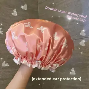 1 Bow Double Layered Waterproof Shower Cap with Ear Protection Design for Bathroom Skincare, Sweet and Practical Bangladesh (New)