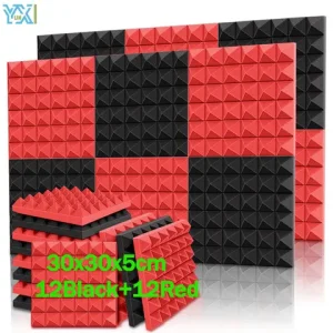 YUNXI 12Black+12Red 30x30x5cm Pyramid Soundproof Acoustic Foam Panels Sound Proof Treatment Studio Noise Cancelling Wall Panels Bangladesh (New)