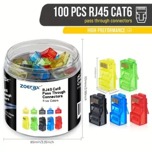 ZoeRax 100Pcs RJ45 Cat6 Connectors Pass Through, Assorted Colors (20pcs/color), EZ to Crimp Modular Plug Bottled Bangladesh (New)