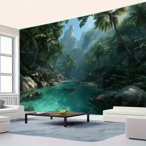 [1pc HD Printed Wall Tapestry] Extra Large Lush Forest Lake Rock Landscape Photo Wall Tapestry | Polyester Aesthetic HD Printed Bangladesh (New)