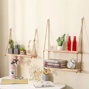 Wooden Floating Shelves for Wall Plant Flower Wood Swing Hanging Rope Storage Home Living Room Decor 1/2/3-tier Bangladesh (New)