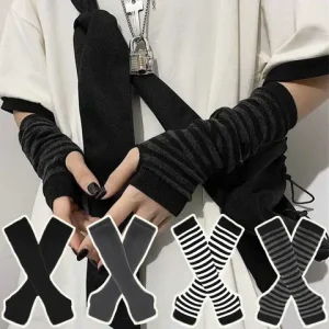 Y2K Gothic Lolita Gloves Arm Cover Harajuku Arm Warmers Black Grey Striped Fingerless Punk Long Wristband Metallic Unisex Gloves Bangladesh (New)