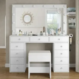 %a Vanity Desk & Power Outl, Makeup Vanity with Mirror and 12 LED Lights, Makeup Table with 11 Drawers, Vanity Table with Chai Bangladesh (New)