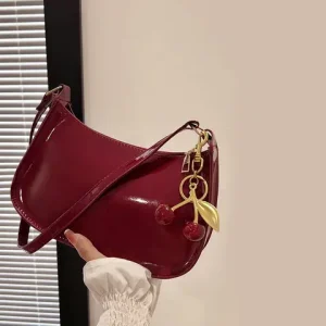Women's PU Leather Handbag Versatile Fashion Solid Color Cherry Pendant Shoulder Bag Casual Commuting Bag Girl Underarm Bag Bangladesh (New)