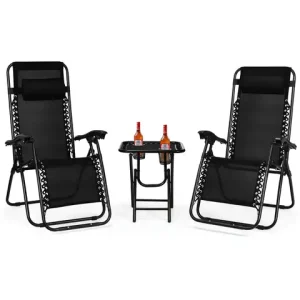 Zero Gravity Chair Set 3 Pieces Outdoor Lounge Chair Recliners w/Side Table Headrest and Cup Holders for Patio Yard Pool Beach Bangladesh (New)
