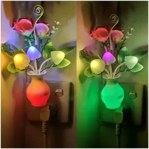 0.5W LED Night Light With Auto Sensor Energy Saving Rose Flower Mushroom Plug In Lamp For Bedroom Bathroom Living Room Kitchen Bangladesh (New)