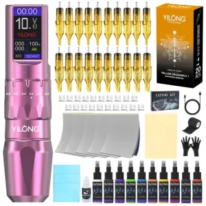 YILONG wireless rotary tattoo machine New Cool Tattoo Kit Permanent Makeup Tattoo Machine Ink Kit Power Supply Tattoo Gun Kit Bangladesh (New)