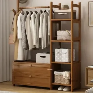 Wooden Floor-standing Wardrobes Storage Locker Home Bedroom Furniture Coat Rack Clothes Organizer with Drawer Modern Open Closet Bangladesh (New)