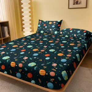 1 Cartoon Fun Printed Matte Fitted Sheet, Bedroom Printed Bed Cover, Bedding (Excluding Pillowcases) Bangladesh (New)
