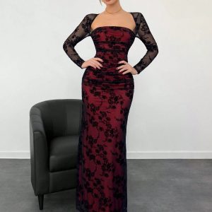 Womens Autumn/Winter New Velvet Jacquard Cutout Mesh Romantic Date Holiday Long Sleeve Lace Ruched Bodycon Dress,Summer Dresses For Women,Tea Party Dress Bangladesh (New)