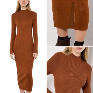 Womens Ribbed Knit Bodycon Long Sleeve Midi Dress with Mock Neck From Levin Bangladesh (New)